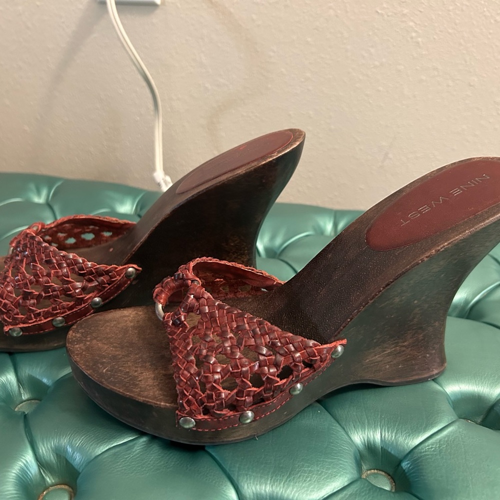 Nine West Red Woven Leather Wedge Sandals